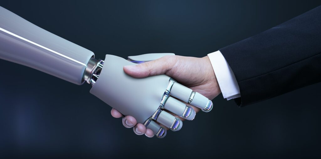 Business hand robot handshake, artificial intelligence digital transformation